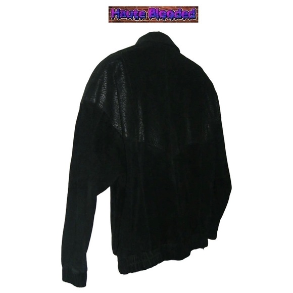 Vintage 90's Stefano Black Suede Leather Bomber Jacket Print Retro Plus 16 Goth - Picture 11 of 13